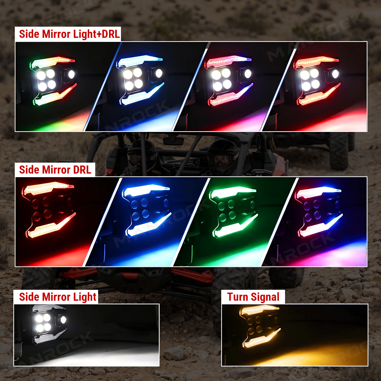 UTV ATV Side View Mirrors with Turn Signal Light + DRL, Universal Fit for 1.75"–2" Roll Bars