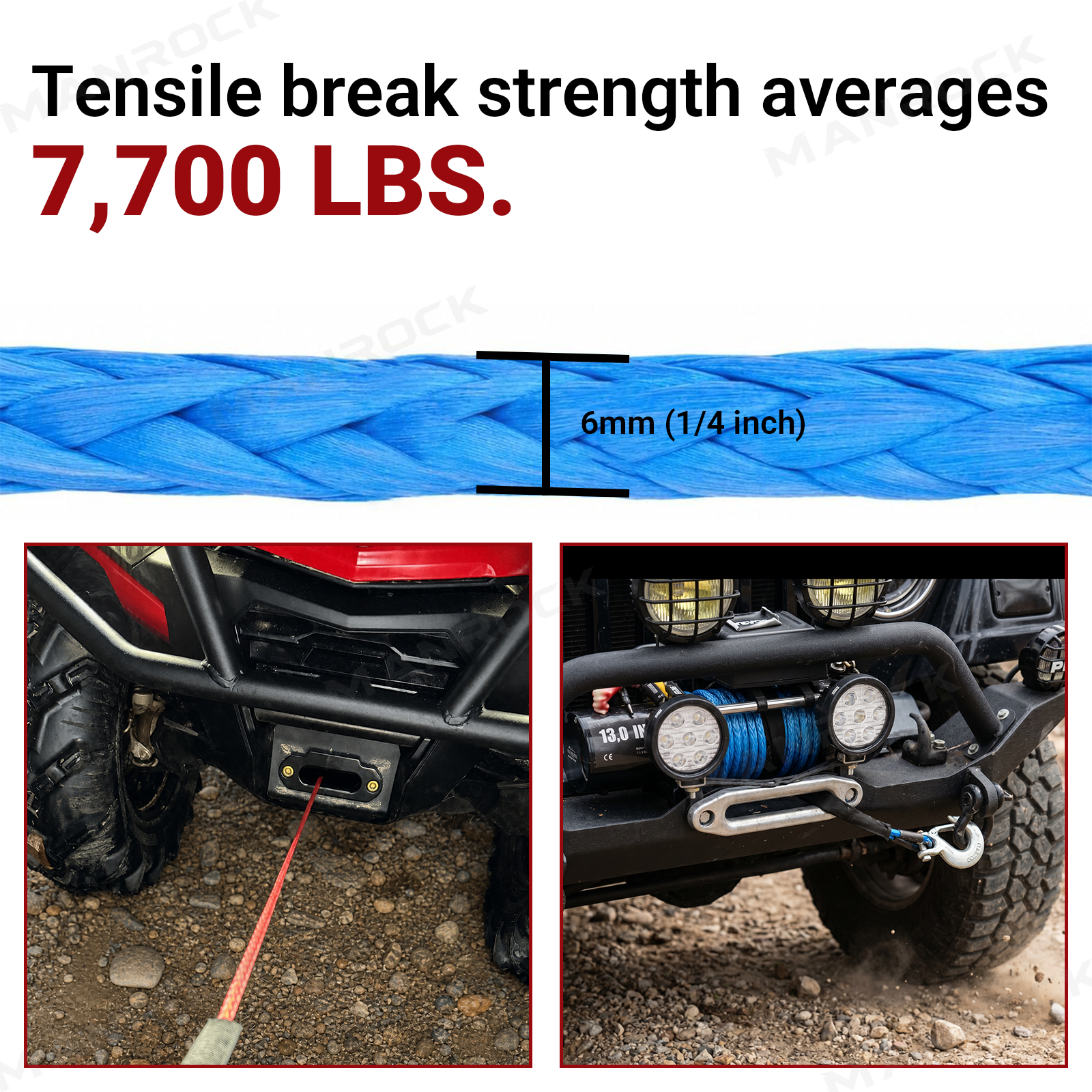 Synthetic Winch Rope Line Cable 1/4" × 50 Ft Universal Fit for UTV / ATV
