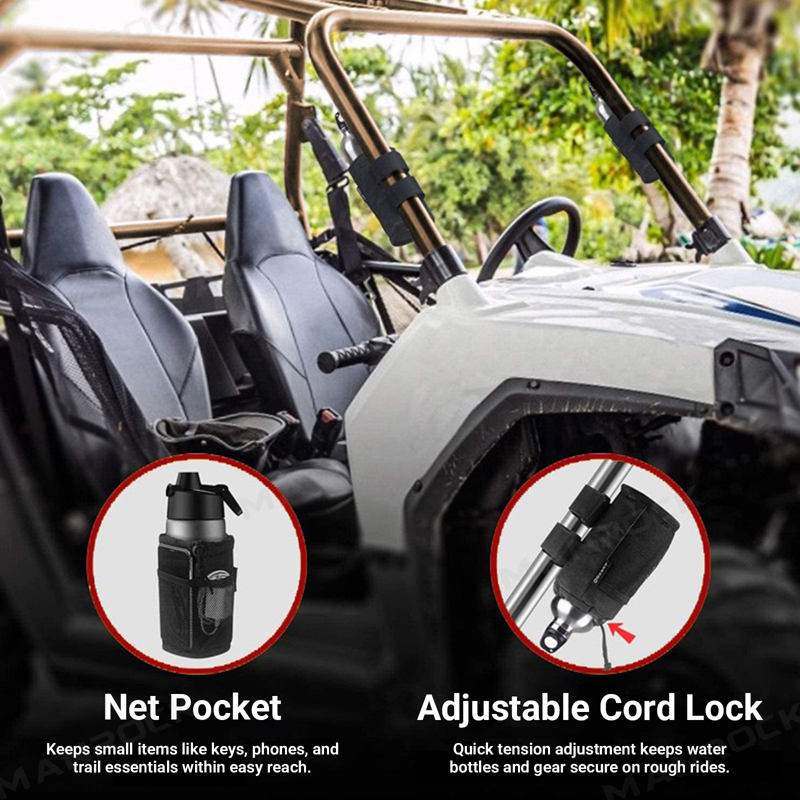 UTV Cup Holder Fabric Drink Holder with Mesh Pocket Universal Fit for 1.5"-2" Roll Cage