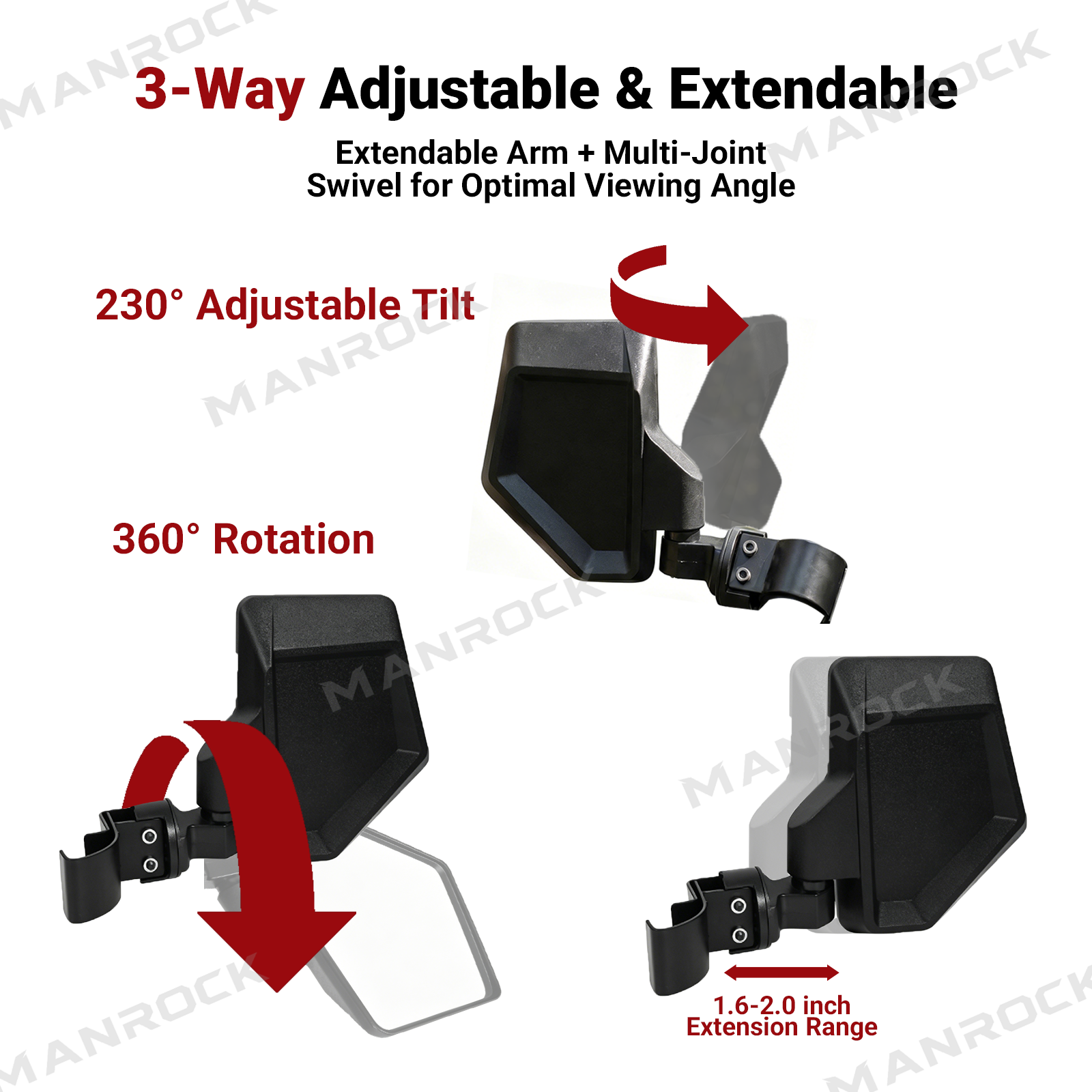 UTV Adjustable Rear Side View Mirrors with 360° Rotation & Telescopic Extension For Polaris / Can-Am / CFMOTO