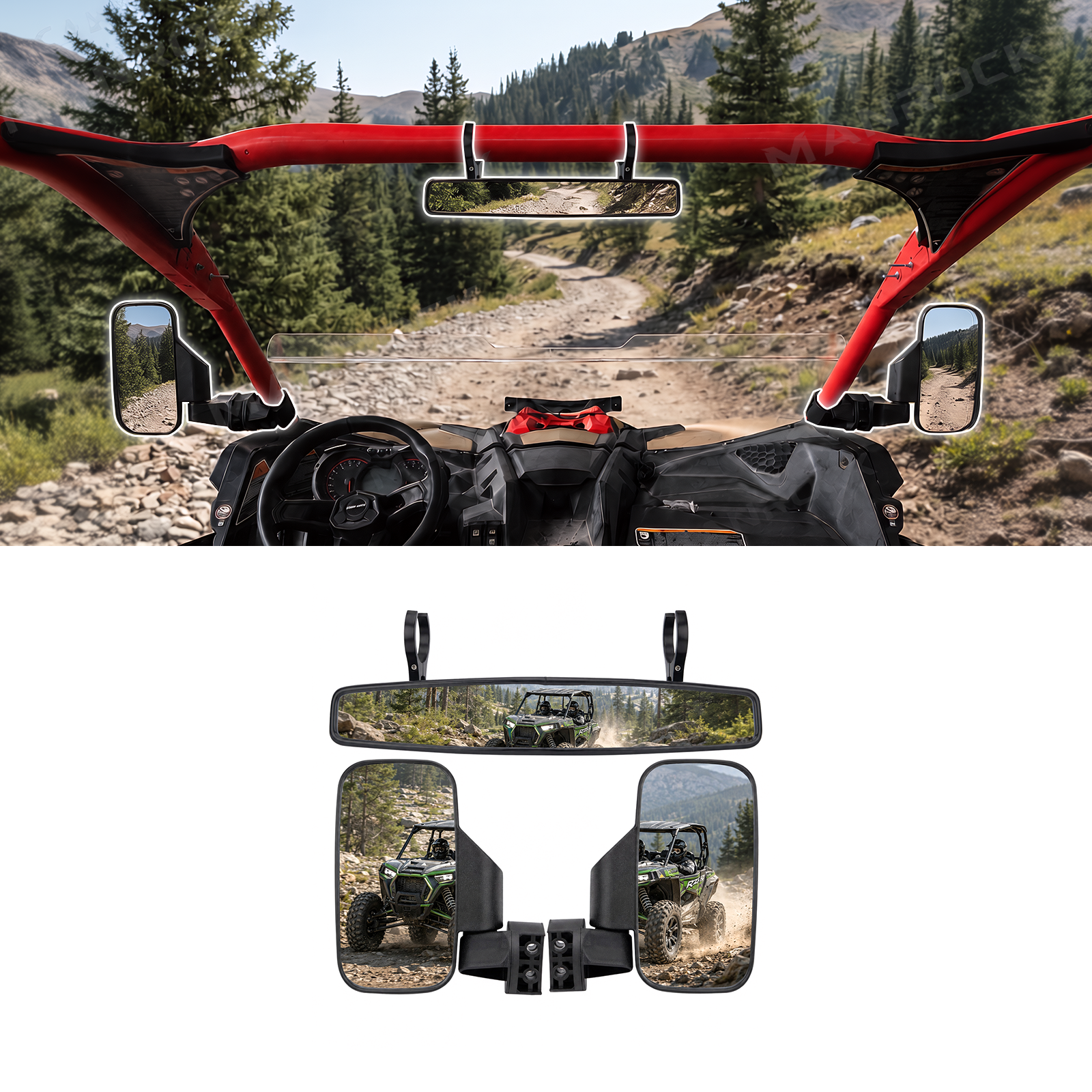 UTV Side Mirrors and Rear View Mirror 3PCS Mirror Kit Universal Fit for 1.75"-2" Roll Bars