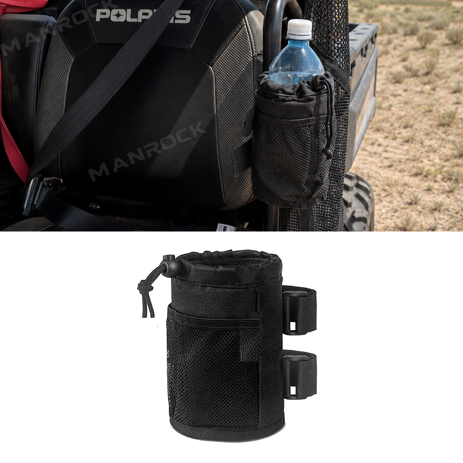 UTV Cup Holder Fabric Drink Holder with Mesh Pocket Universal Fit for 1.5"-2" Roll Cage