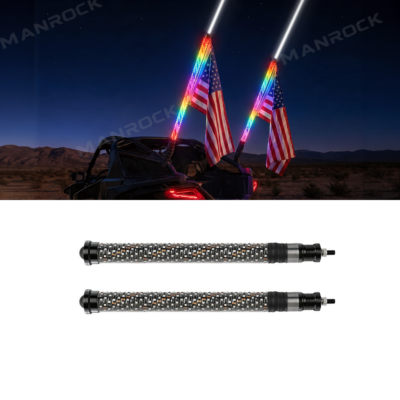 UTV ATV Laser LED Whip Lights RGB Whipless Flag Pole Light with Turn Signals 2PCS Universal Fit for 1.75"- 2" Roll Bars