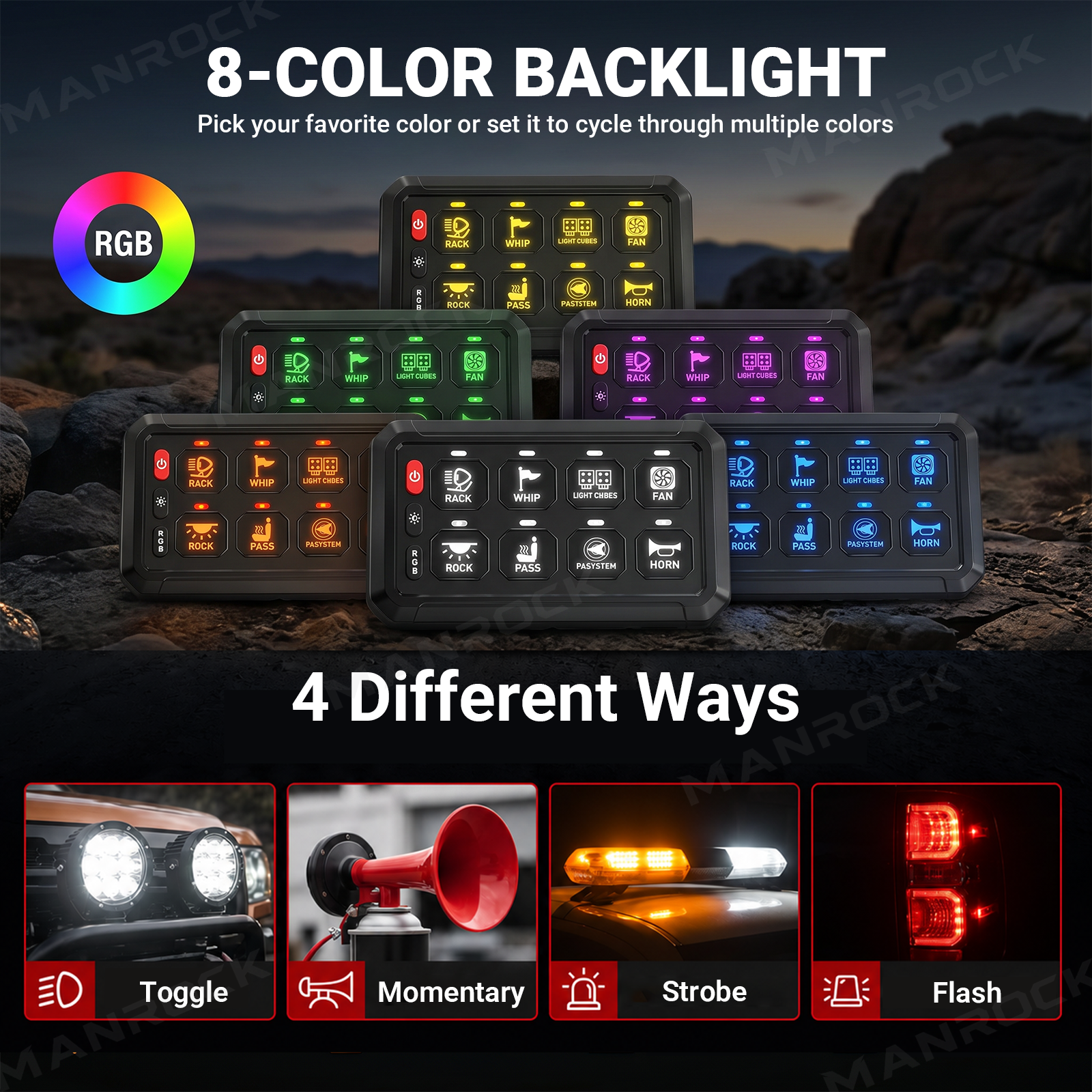8 Gang Switch Panel RGB Circuit Control Relay System Universal Fit for UTV / ATV