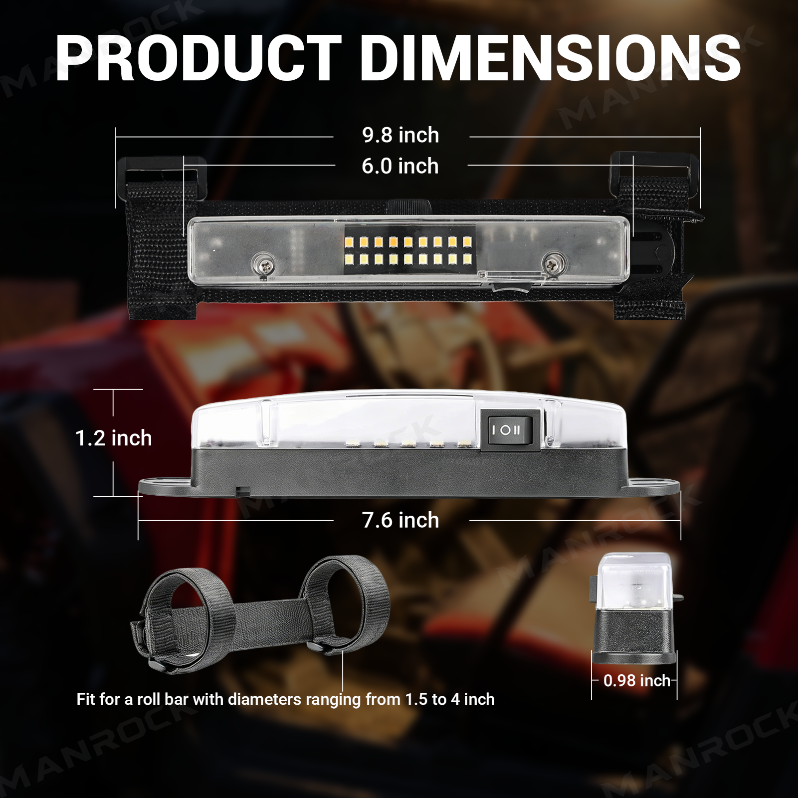 UTV ATV Dome Light Roll Bar Mount Interior LED Lights, Universal Fit for 1.5"–4" Roll Bars