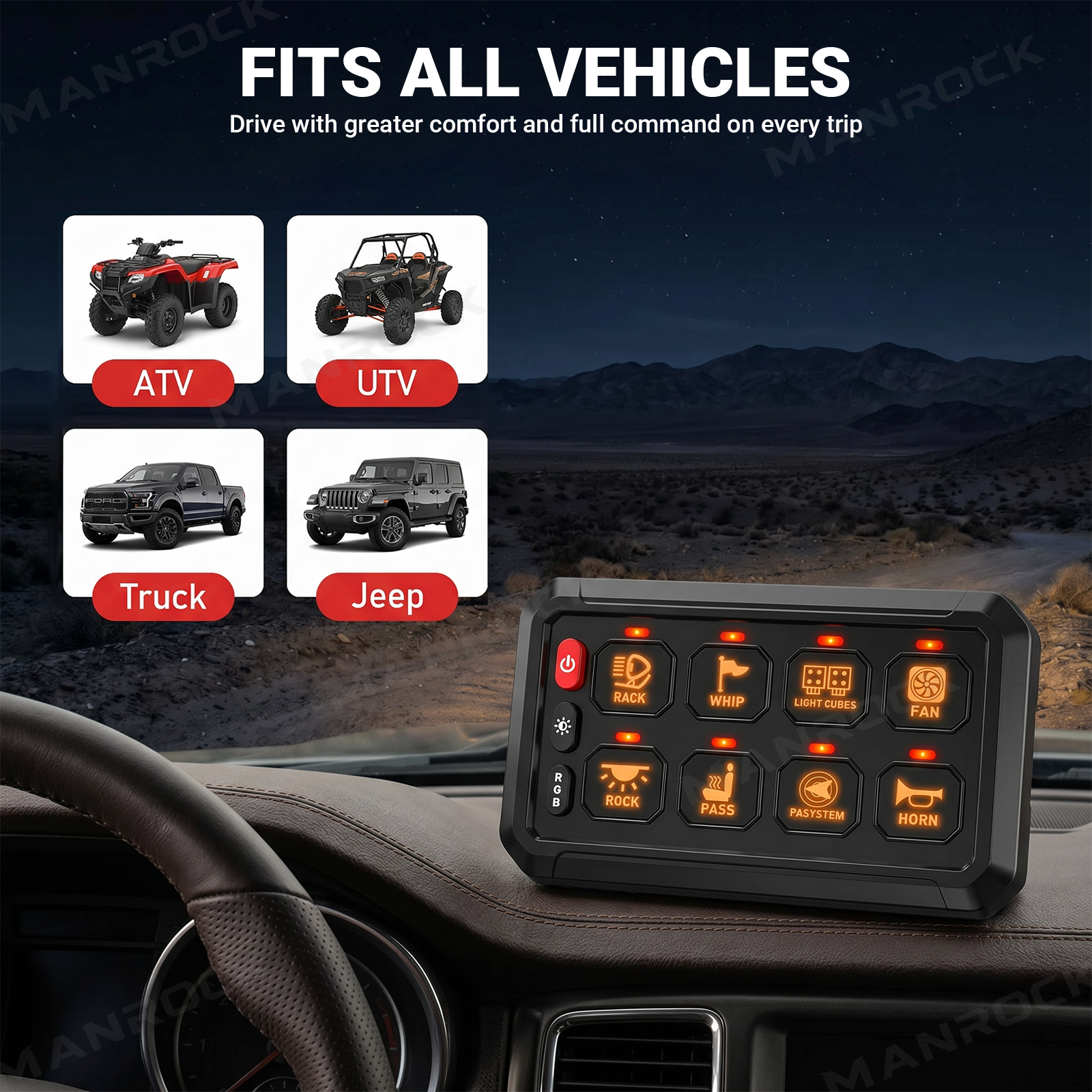 8 Gang Switch Panel RGB Circuit Control Relay System Universal Fit for UTV / ATV