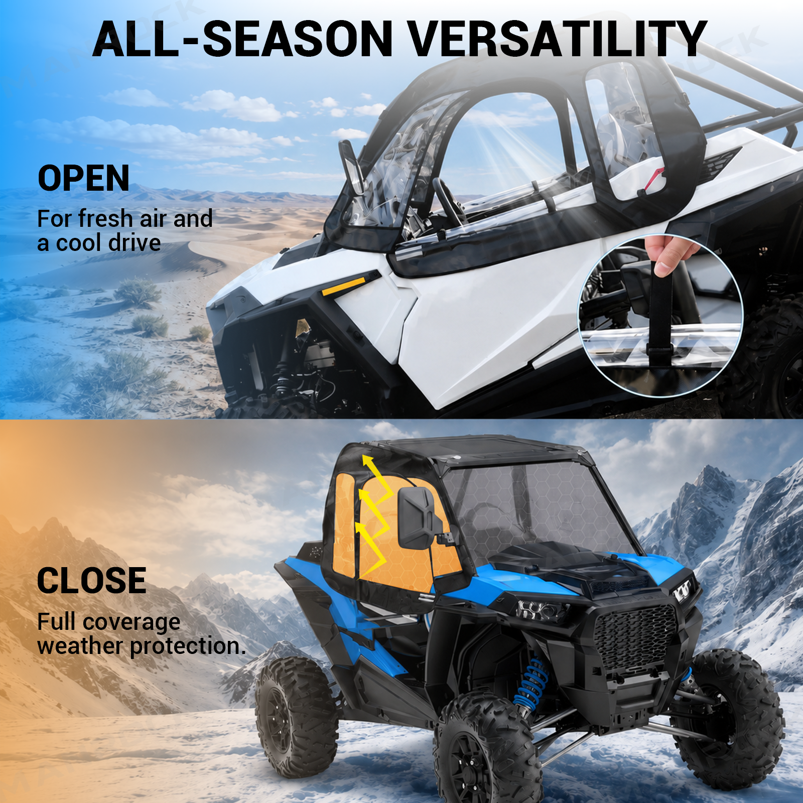 UTV Soft Cab Enclosure Upper Doors with Zipper Side Windows 2PCS for Polaris RZR