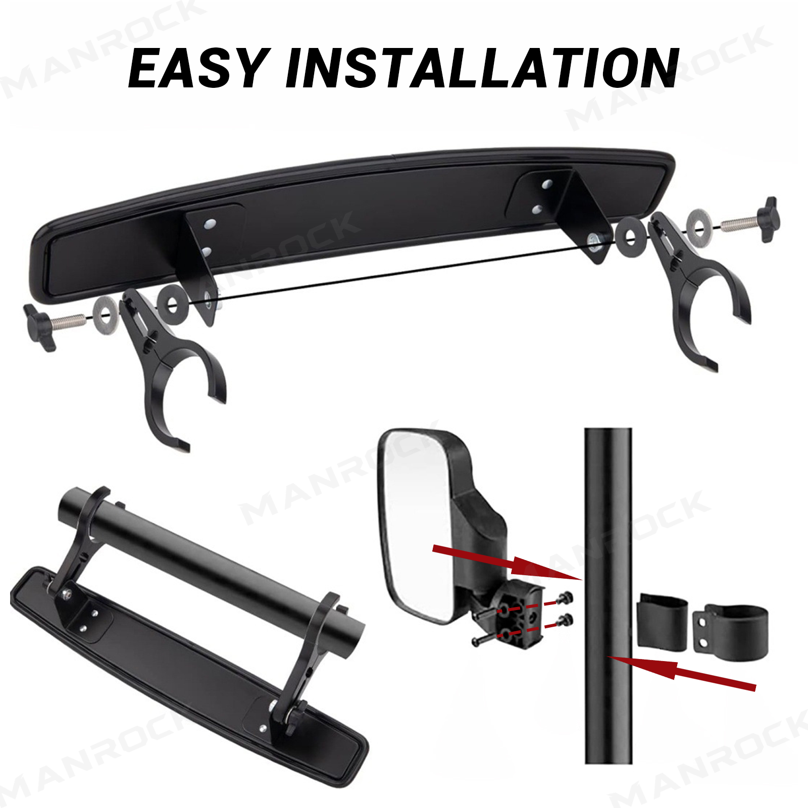 UTV Side Mirrors and Rear View Mirror 3PCS Mirror Kit Universal Fit for 1.75"-2" Roll Bars